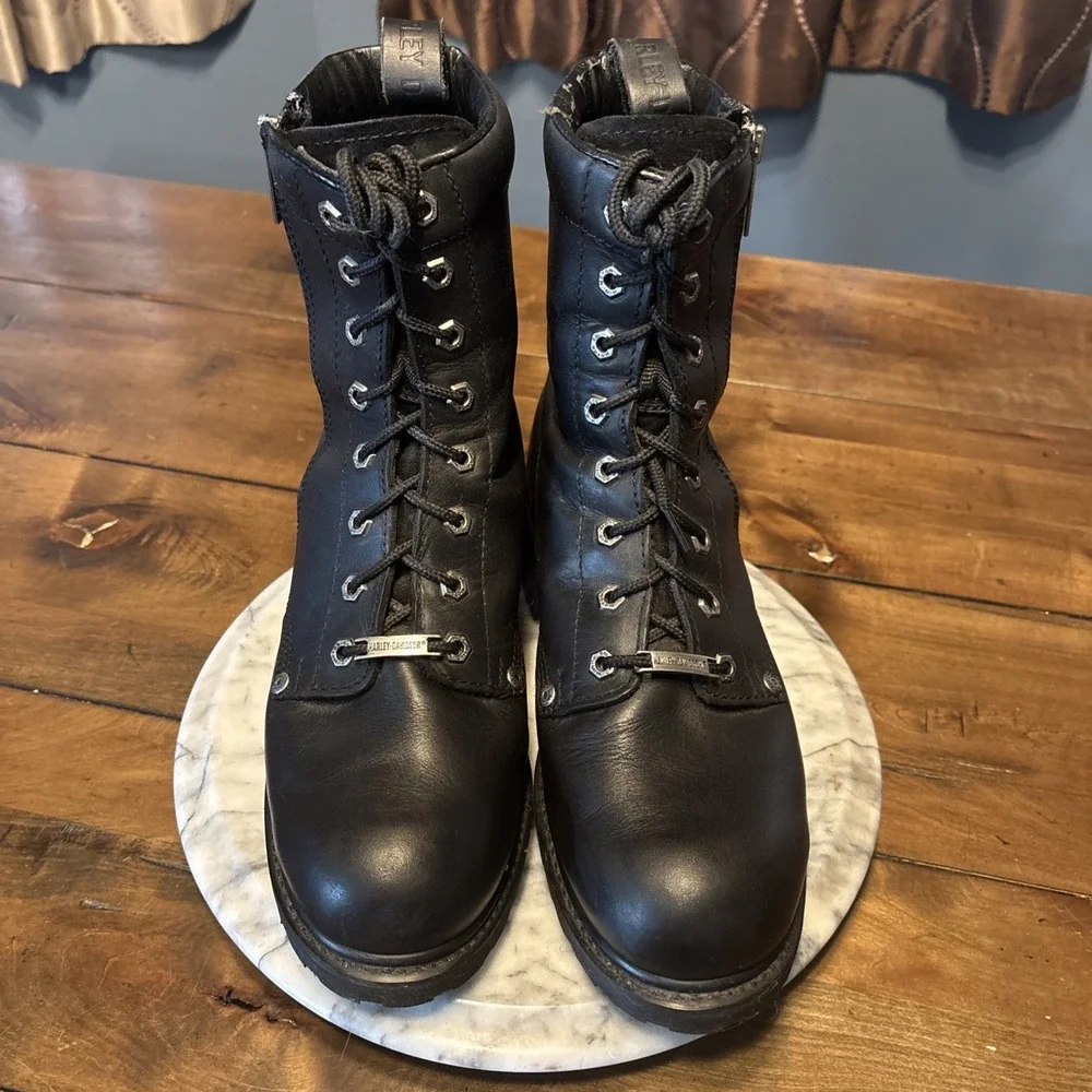 VTG Harley Davidson 91028 Black Leather Side Zip Lace Up Biker Boots Men Sz 9
